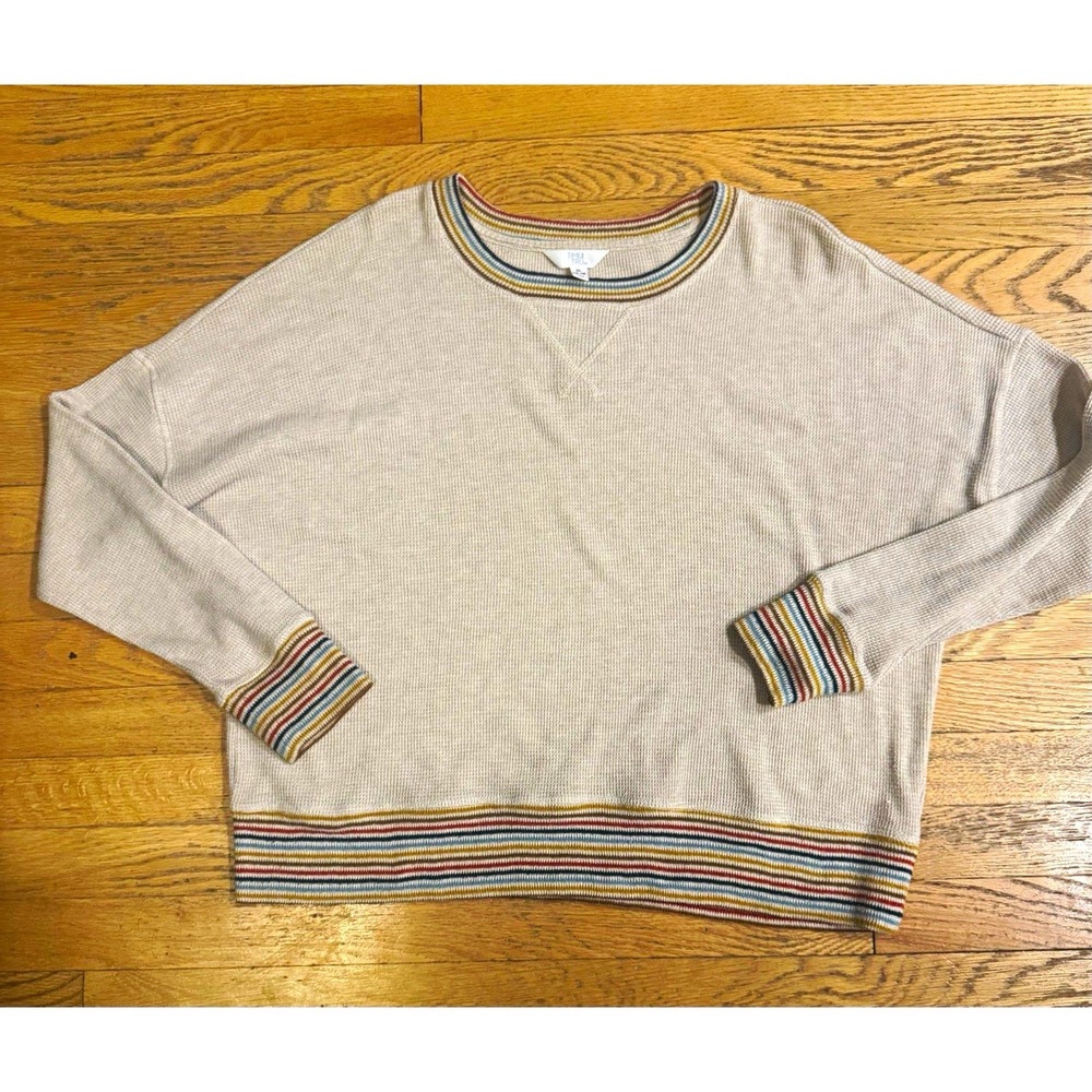 Time and Tru Women's Beige waffle Knit Crew Neck Pullover XL Striped Rib